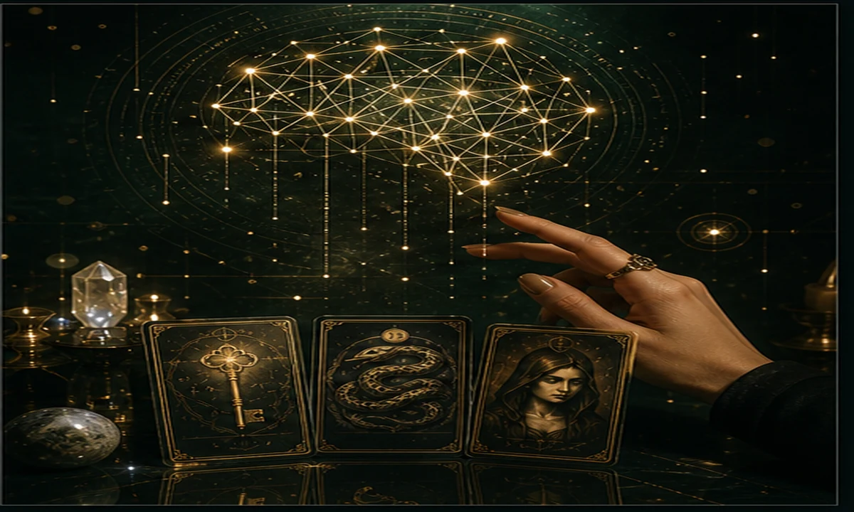 Luz dourada sobre cartas e símbolos oraculares