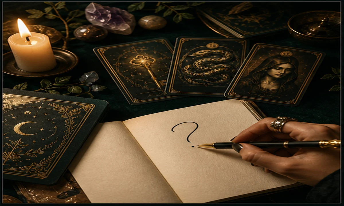 Mesa ritual com cartas e caderno de perguntas