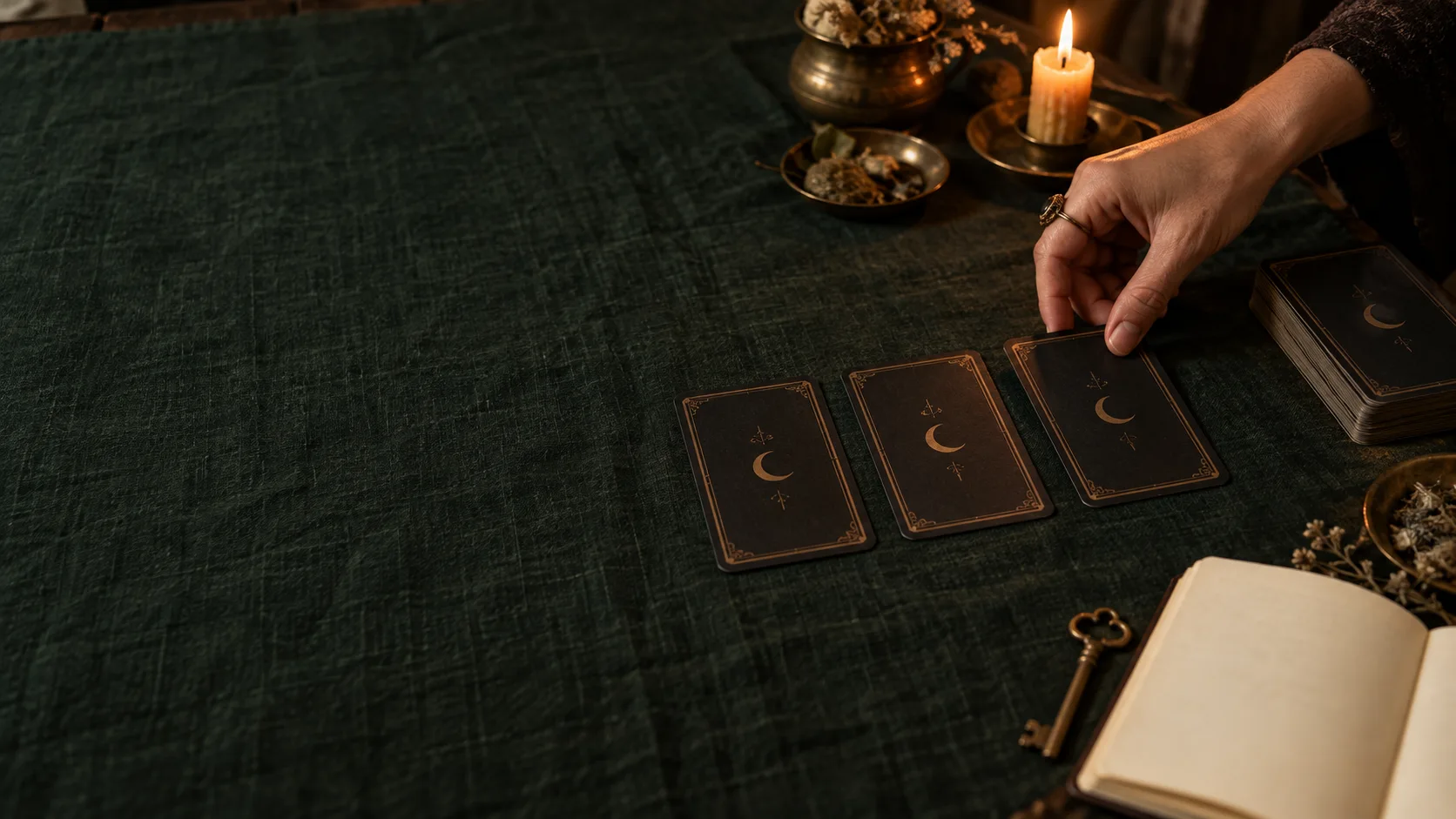 Cartas dispostas sobre uma mesa de consulta, à luz de uma vela